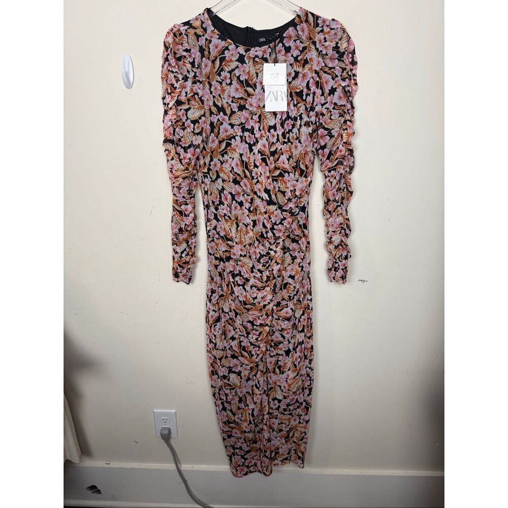 Zara Floral Midi Dress - Black with Pink & Orange Floral Print
